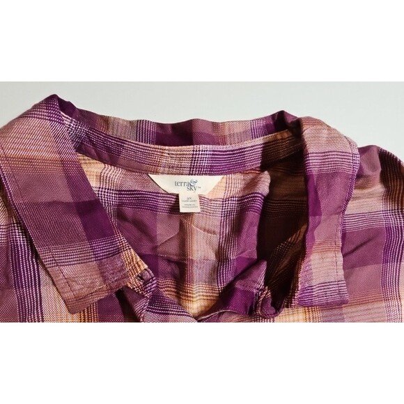 NWT Terra & Sky Women’s 3X Plaid Button Down Shirt Purple Roll Tab Plus Size - Picture 4 of 6
